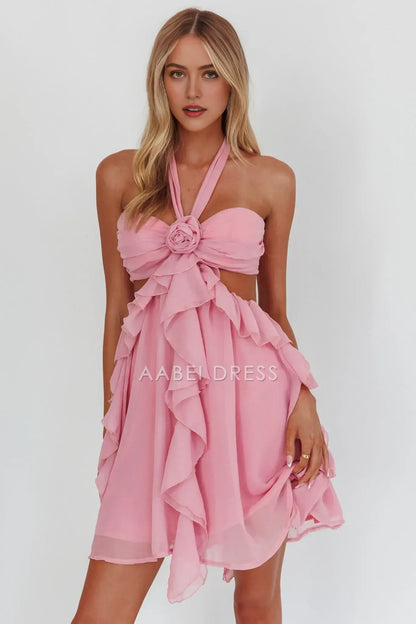 Pink A Line Hanging Neck Flower Cut-Out Ruffle Backless Sweet Cute Mini Dress Hot Sale Homecoming Dress