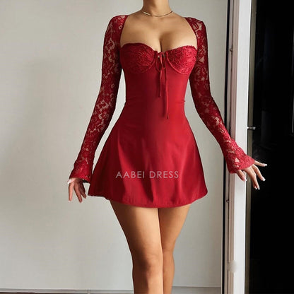 AABEI DRESS New Homecoming Dress A-line Elegant Lace Long Sleeve Mini Dress Square Neck High Waist Backless Tie Up Slim Fit Prom Dress
