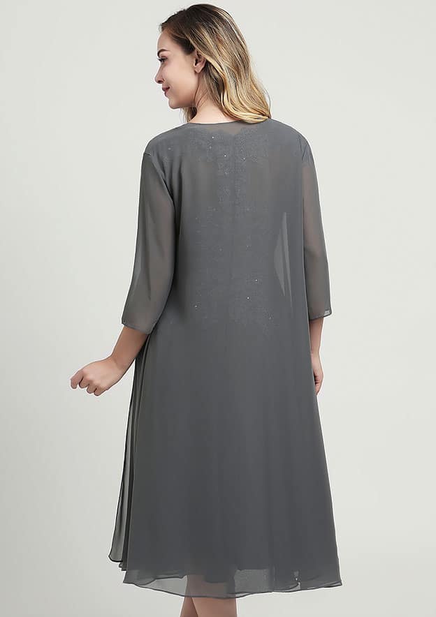 Classic Wedding Guest Dresses Grey Chiffon A-line V Neck Short Sleeve Lace Applique With 3/4 Long Sleeve Jacket Two-Piece Knee-Length Bargain Mother of the Bride Dress