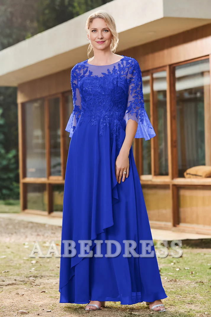 AABEI DRESS Mother of the Bride Dresses Ruffles Illusion Neck Lace Applique Chiffon Dress Elegant Formal Dress Wedding Guests Dresses
