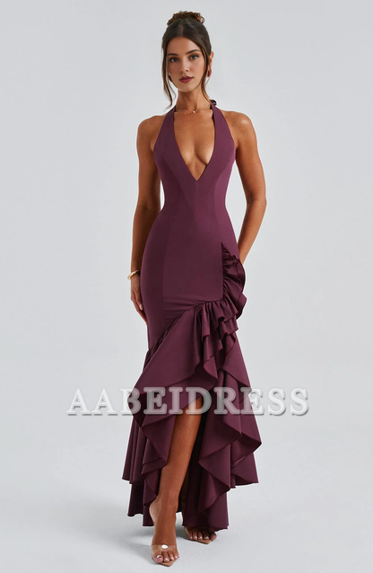 Formal Wear Dresses Prom Dresses Halter Plunge Neckline Boning in Bodice Irregular Ruffle Skirt Unique Luxury Dresses Wedding Guests Dresses