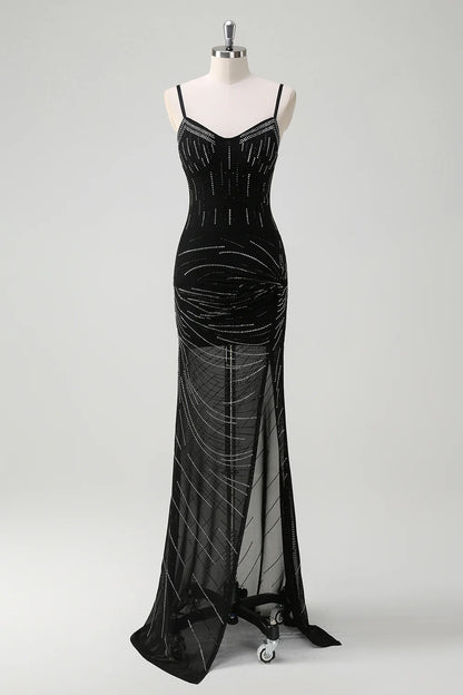 Sparkly Black Sequin Mermaid Spaghetti Straps V Neck Backless with Slit Gorgeous Long Formal Dress Hot Sale Evening Dresses