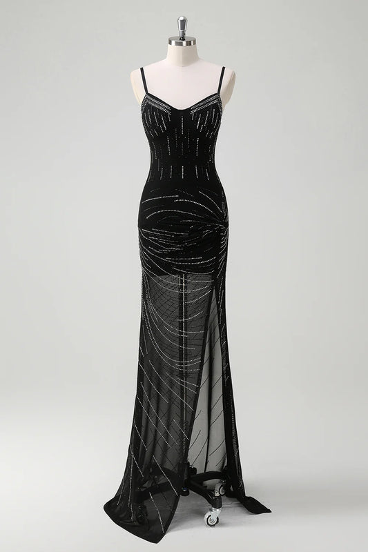 Sparkly Black Sequin Mermaid Spaghetti Straps V Neck Backless with Slit Gorgeous Long Formal Dress Hot Sale Evening Dresses