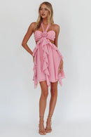 Pink A Line Hanging Neck Flower Cut-Out Ruffle Backless Sweet Cute Mini Dress Hot Sale Homecoming Dress
