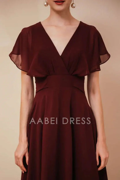 AABEI DRESS High Quality Mother of The Bride Dress Chiffon A Line V-Neck Dress with Ruffled Sleeve Elegant Simple Formal Dresses