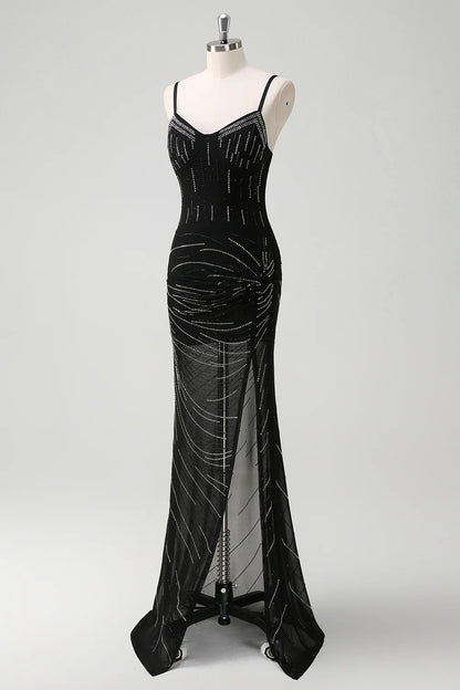 Sparkly Black Sequin Mermaid Spaghetti Straps V Neck Backless with Slit Gorgeous Long Formal Dress Hot Sale Evening Dresses