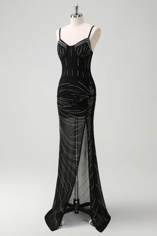 Sparkly Black Sequin Mermaid Spaghetti Straps V Neck Backless with Slit Gorgeous Long Formal Dress Hot Sale Evening Dresses
