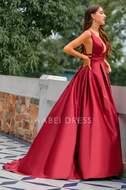 AABEI DRESS Hot Sale Prom Dress Charming Deep V Neck Backless Sexy Sweep Train Formal Dress