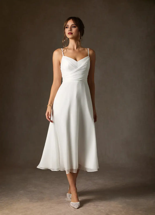 Elegant White A-Line V-Neck Spaghetti Strap Sleeveless Pleated Crinkle Chiffon V Back Simple Hot Sale Wedding Dress