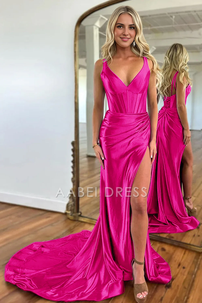 AABEI DRESS Hot Sale Prom Dress Mermaid V-Neck Satin Long With Split Sweep Train Elegant Formal Dress