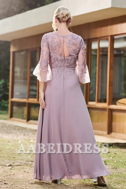 AABEI DRESS Mother of the Bride Dresses Ruffles Illusion Neck Lace Applique Chiffon Dress Elegant Formal Dress Wedding Guests Dresses