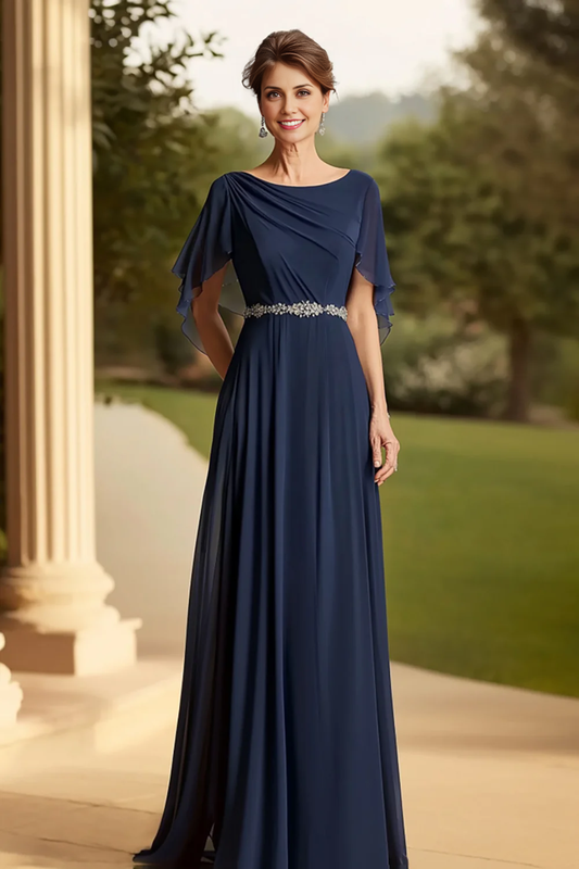 AABEI DRESS Mother Of The Bride Dress Round Neck Exquisite Beadwork Ruched Long Formal Wear Dresse