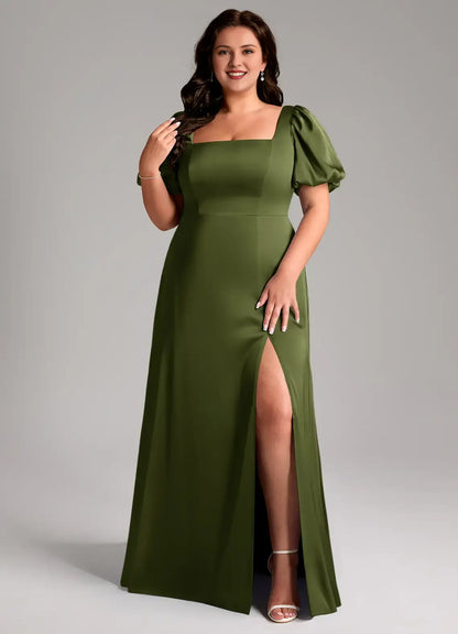 Wedding Guests Dresses Olive A-Line Square Neck Puff Short Sleeves Backless Side Fork Floor-Length Elegant Plus Size Formal Dress Discount Hot Sale Prom Dress