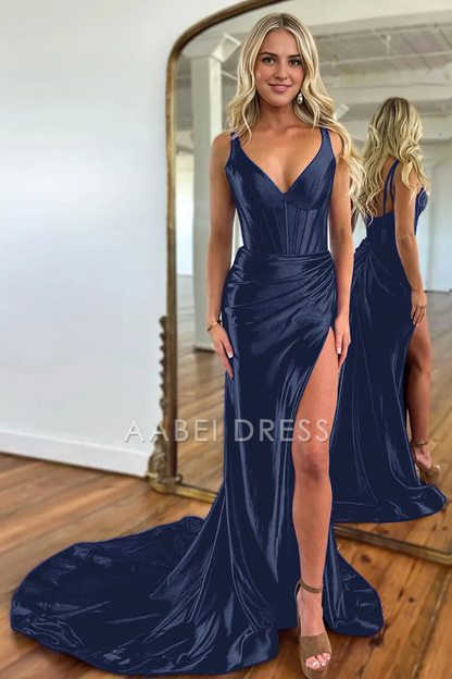 AABEI DRESS Hot Sale Prom Dress Mermaid V-Neck Satin Long With Split Sweep Train Elegant Formal Dress