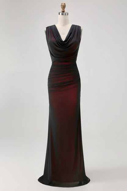 Elegant Black Red Party Dress Sheath V-Neck Sleeveless Pleated Backless with Slit Retro Long Hot Sale Prom Dresses