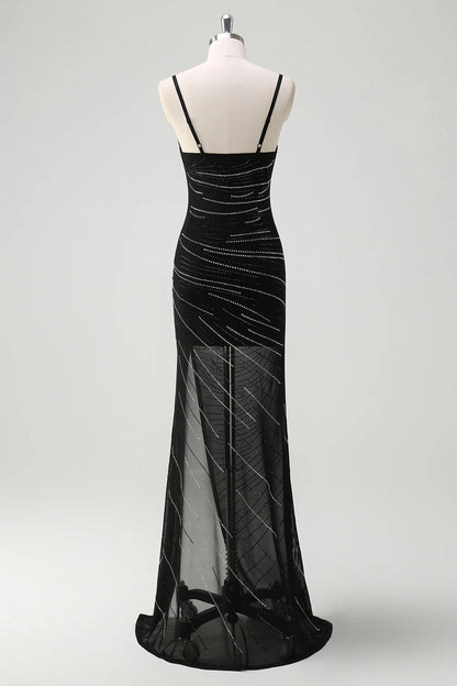 Sparkly Black Sequin Mermaid Spaghetti Straps V Neck Backless with Slit Gorgeous Long Formal Dress Hot Sale Evening Dresses