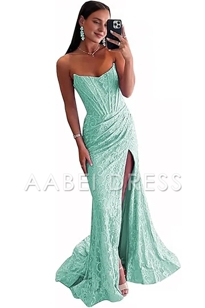 AABEI DRESS Prom Dress Gorgeous Mermaid Strapless Sweep Train Lace Slit Elegant Formal Dress