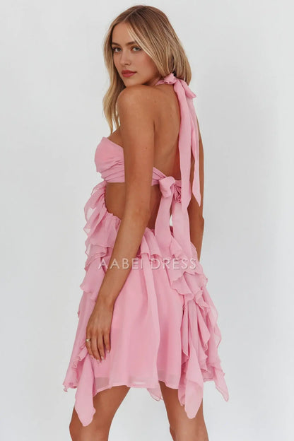 Pink A Line Hanging Neck Flower Cut-Out Ruffle Backless Sweet Cute Mini Dress Hot Sale Homecoming Dress