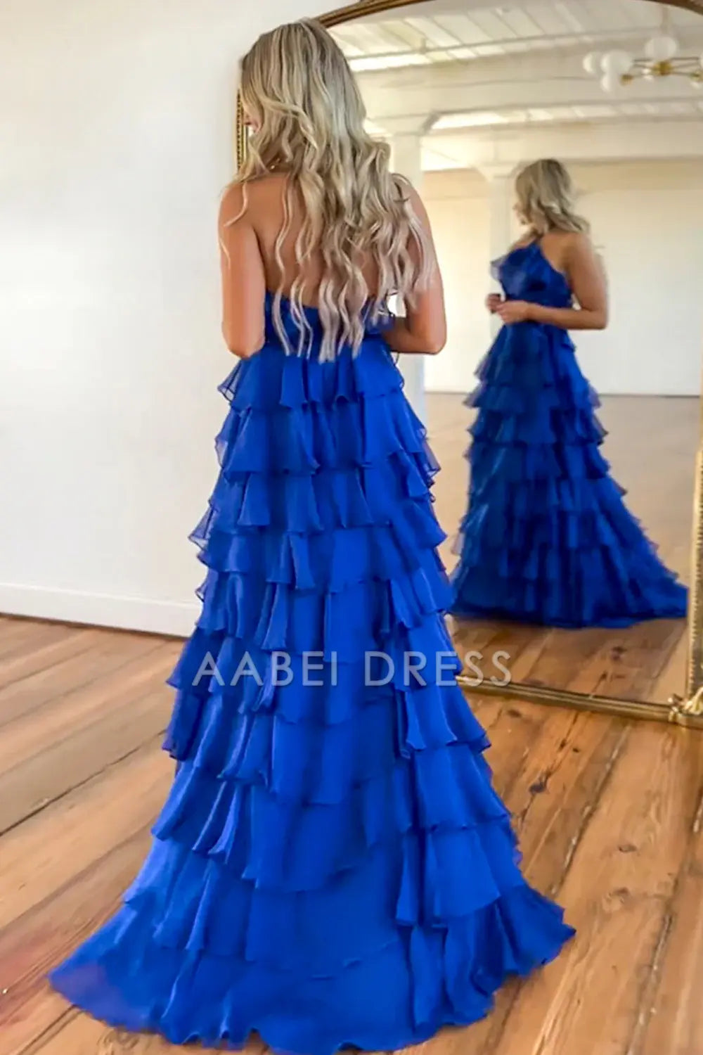 AABEI DRESS Hot Sale Prom Dress Cute A-Line Halter Neck Long Tiered with Slit Elegant Formal Dress