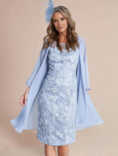 AABEI DRESS Wedding Guest Dress Elegant Sheath Jewel Neck 3/4 Length Sleeve Knee Length Lace Wrap Included Jacket Dresses Lace Two Piece Exquisite Mother of the Bride Dress