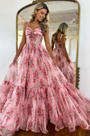 AABEI DRESS Prom Dress Romantic A-Line Spaghetti Straps Long Retro Print Tulle Elegant Formal Dress