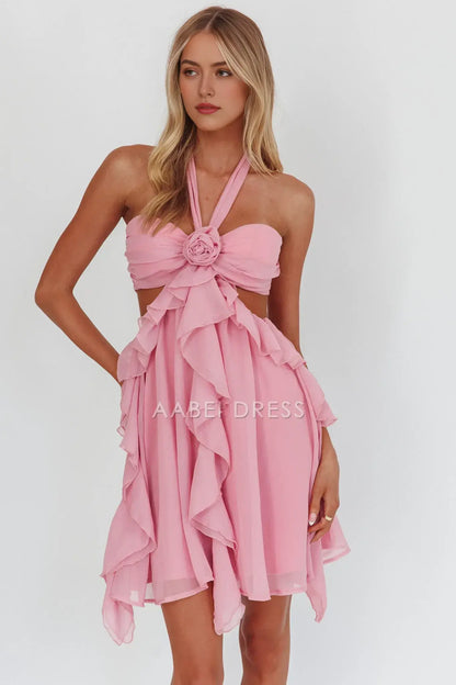 Pink A Line Hanging Neck Flower Cut-Out Ruffle Backless Sweet Cute Mini Dress Hot Sale Homecoming Dress