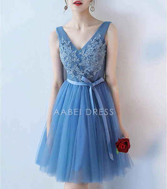 AABEI DRESS New Homecoming Dress Elegant A-Line V-Neck Sleeveless Tulle Lace Appliques Short Prom Dresse