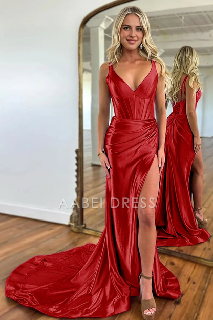 AABEI DRESS Hot Sale Prom Dress Mermaid V-Neck Satin Long With Split Sweep Train Elegant Formal Dress