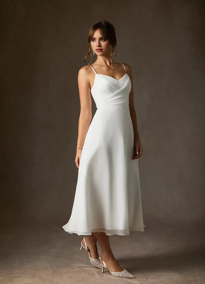 Elegant White A-Line V-Neck Spaghetti Strap Sleeveless Pleated Crinkle Chiffon V Back Simple Hot Sale Wedding Dress