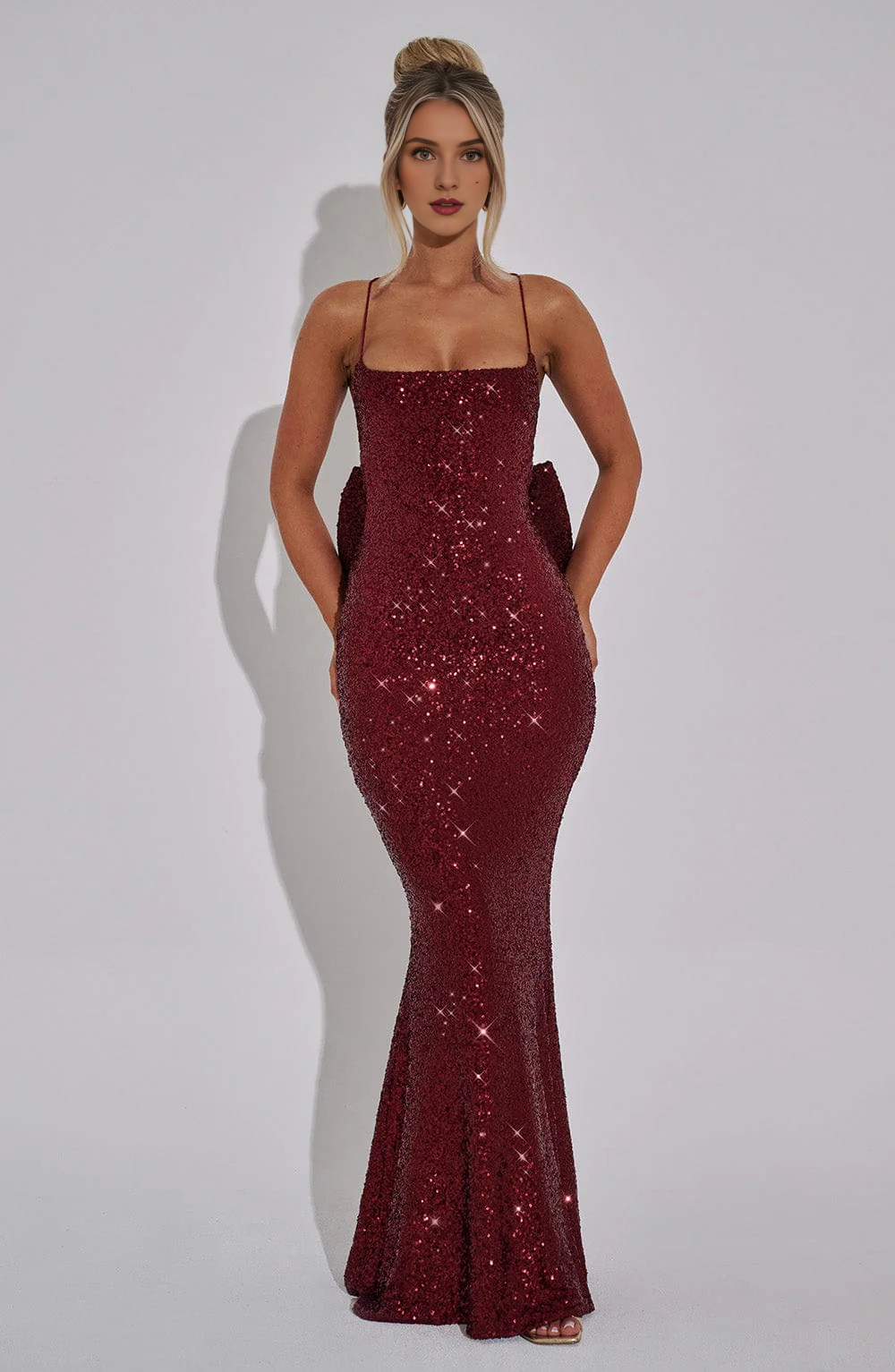 Formal Wear Dresses Prom Dresses Mermaid Luxury High Quality Sequin Elasticated Spaghetti Straps Crossover Strap Back Detachable Bow Back Dresses Wedding Guests Dresses