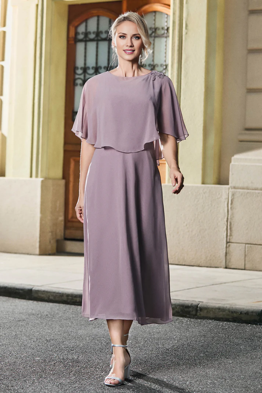 AABEI DRESS Mother of the Bride Dresses Tea-Length Jewel Flutter Sleeves Chiffon Dress Elegant Formal Dress Wedding Guests Dresses