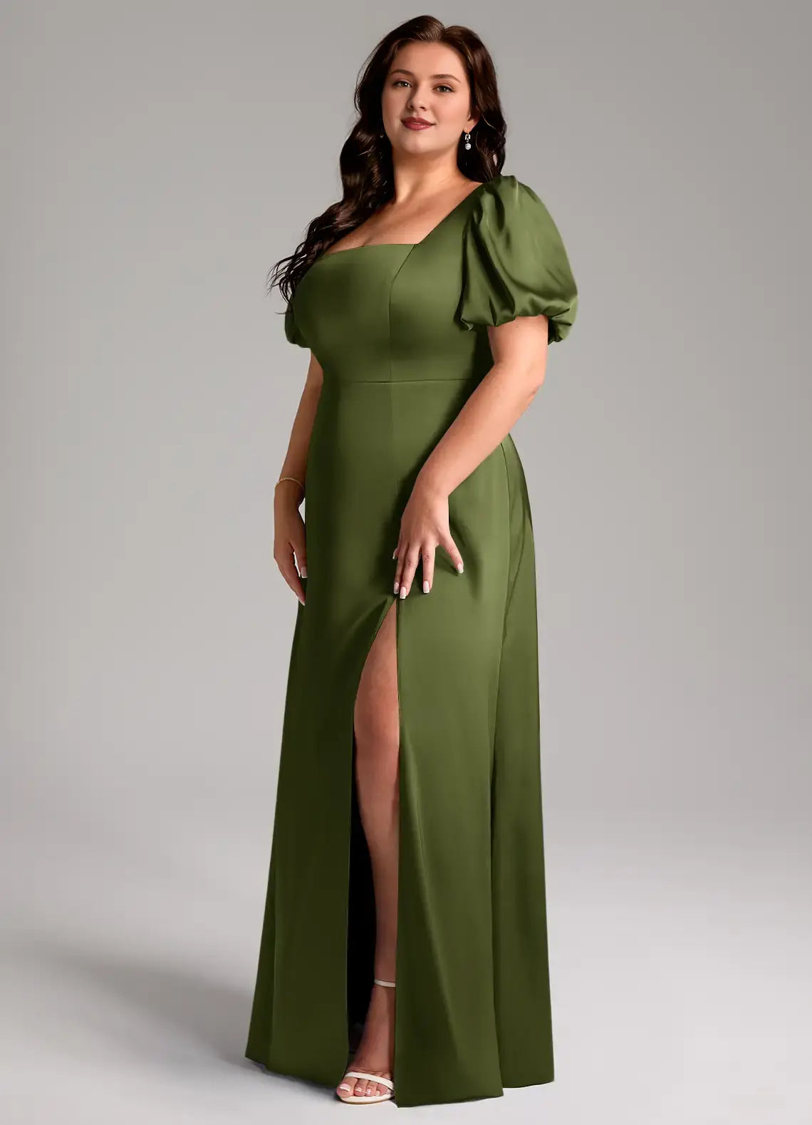 Wedding Guests Dresses Olive A-Line Square Neck Puff Short Sleeves Backless Side Fork Floor-Length Elegant Plus Size Formal Dress Discount Hot Sale Prom Dress