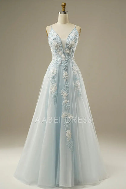 AABEI DRESS Hot Sale Prom Dress Luxury A-Line Spaghetti Strap Beading Exquisite Tulle Lace Applique Formal Dress