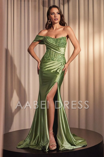 AABEI DRESS Hot Sale Prom Dress Charming Mermaid Off Shoulder Lace Applique Side Fork Backless Fashion Long Evening Dress