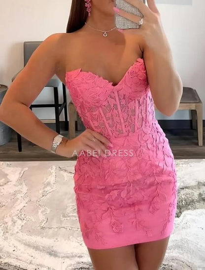 AABEI DRESS New Homecoming Dress A-Line Corsets Dress Holiday Graduation Sleeveless Strapless Lace with Appliques Exquisite Short Prom Dresse