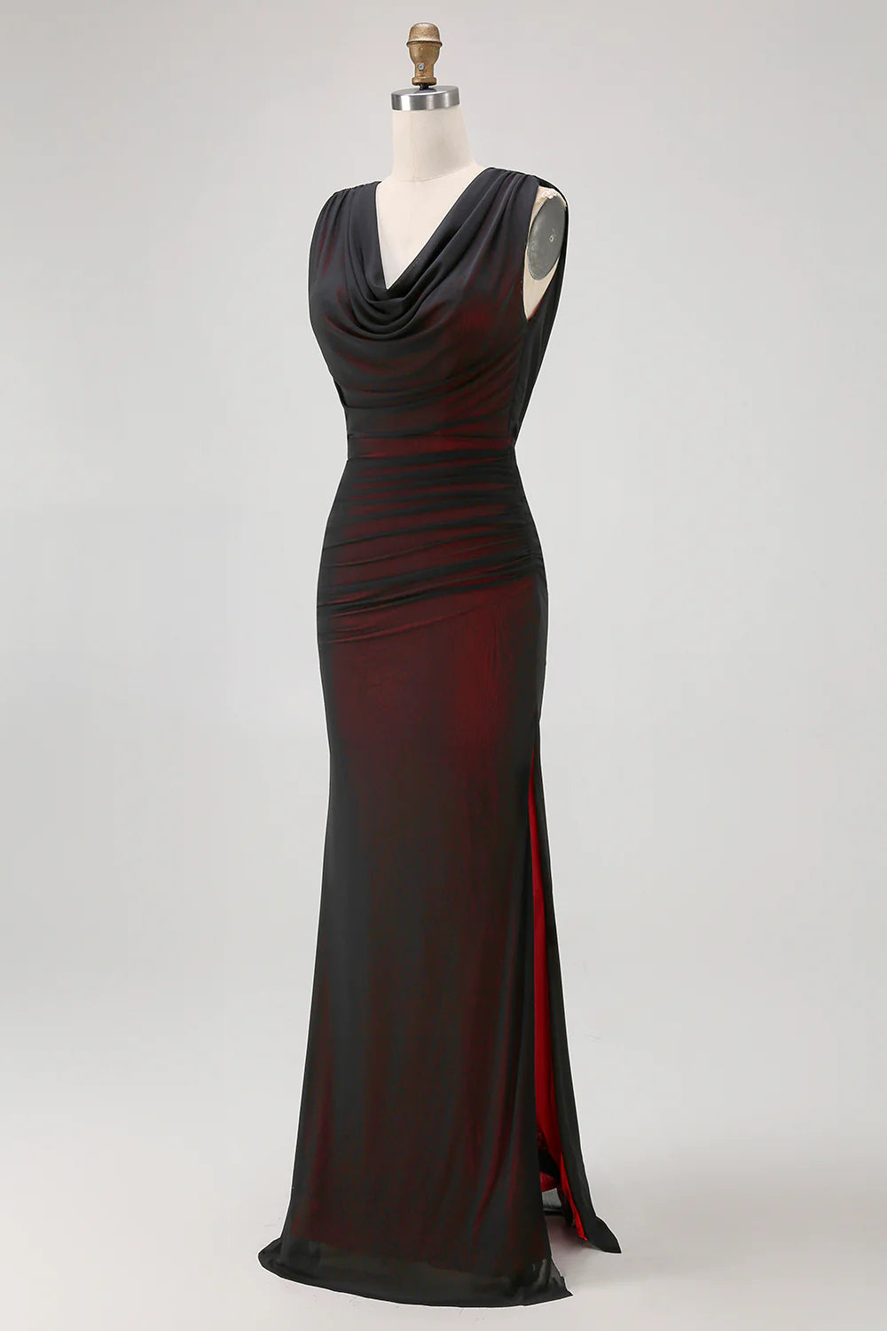 Elegant Black Red Party Dress Sheath V-Neck Sleeveless Pleated Backless with Slit Retro Long Hot Sale Prom Dresses