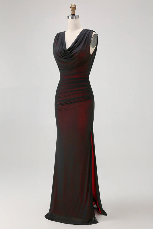 Elegant Black Red Party Dress Sheath V-Neck Sleeveless Pleated Backless with Slit Retro Long Hot Sale Prom Dresses