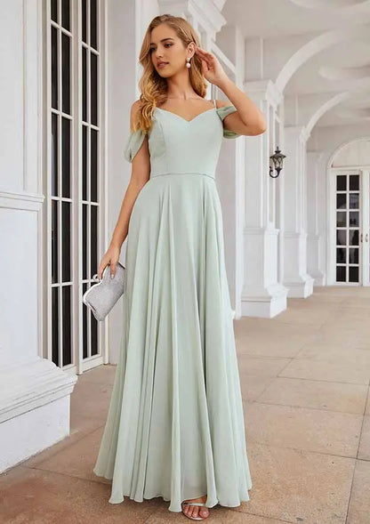 Fashion Chiffon A-line Off-the-Shoulder V Neck Sleeveless With Ruched Affordable Floor-Length Bridesmaid Dress