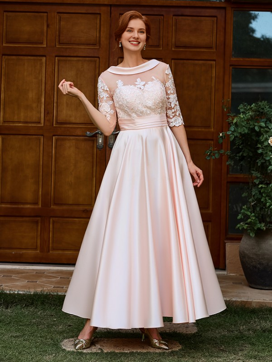 AABEI DRESS Mother of the Bride Dress A-Line Appliques Lace Ankle-Length Satin 1/2 Sleeves Elegant Dignified Dress Wedding Guests Dresses