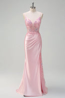 Sparkly Pink Party Dress Mermaid Ruched Corset Deep V Neck Sequins Lace Applique Backless with Slit Exquisite Long Hot Sale Prom Dresses