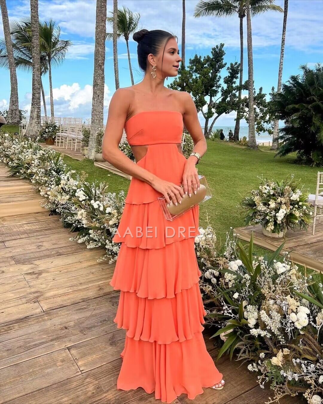 AABEI DRESS Prom Dress Strapless Sleeveless Chiffon Hollow Out Ruched Layering Elegant High Quality Dress