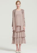 Fashion Wedding Guest Dresses Chiffon A-line Scoop Neck Sleeveless With Long Sleeves Jacket Lace Appliqued Layered Ruffles Tea-Length Bargain Mother of the Bride Dress