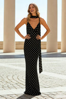 Fashion Prom Dress Black White Polka Dots Sheath Spaghetti Straps Deep V Neck Sleeveless Backless With Scarf Bargain Long Wedding Guest Dress