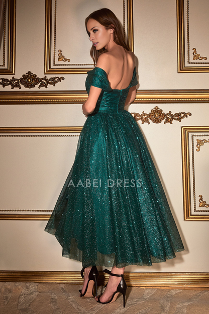 AABEI DRESS Hot Sale Short Prom Dress Elegant A-line Off Shoulder Sweetheart Bodice Pleated Glitter Tea Length Formal Dresses