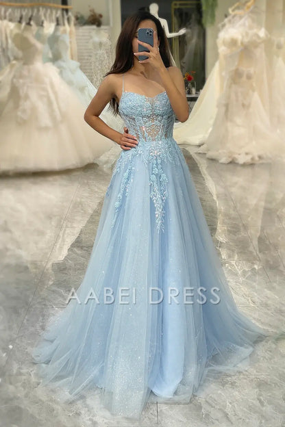AABEI DRESS Prom Dress A Line Spaghetti Straps Tulle Long Appliques Fashion Charming Dress