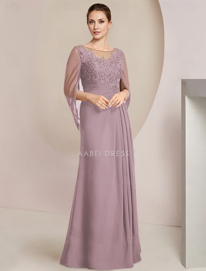AABEI DRESS Wedding Guest Dress Elegant Sheath Jewel Neck Floor Length Chiffon Half Sleeve with Lace Side-Draped Mother of the Bride Dress