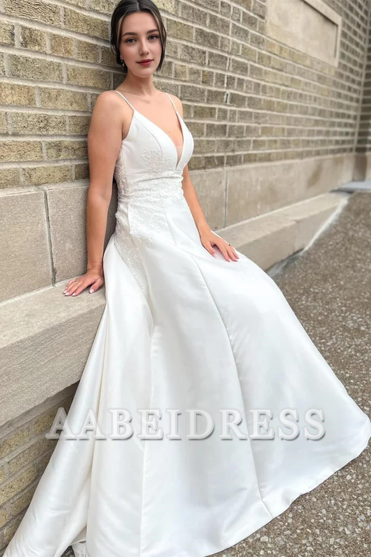AABEI DRESS Elegant Charming Wedding Dress A-Line Deep V-Neck Spaghetti Strap Long Appliques Formal Dresses