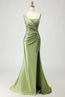Wonderful Prom Dress Sparkly Green Mermaid One Shoulder Sleeveless Beading Lace Applique Pleated with Slit Backless Bargain Long Wedding Guest Dress