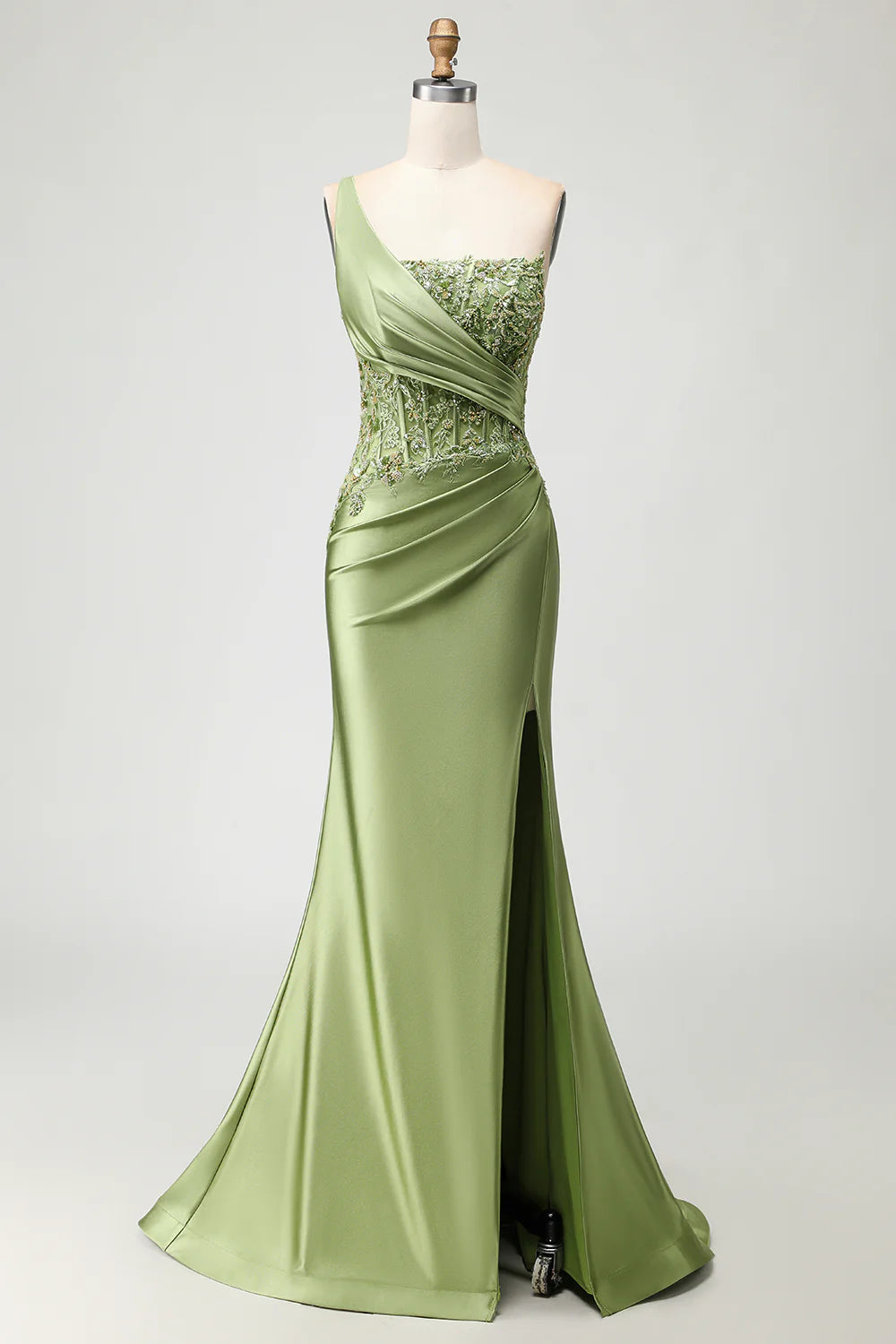 Wonderful Prom Dress Sparkly Green Mermaid One Shoulder Sleeveless Beading Lace Applique Pleated with Slit Backless Bargain Long Wedding Guest Dress