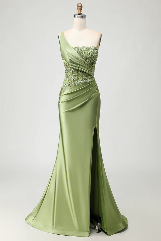 Wonderful Prom Dress Sparkly Green Mermaid One Shoulder Sleeveless Beading Lace Applique Pleated with Slit Backless Bargain Long Wedding Guest Dress